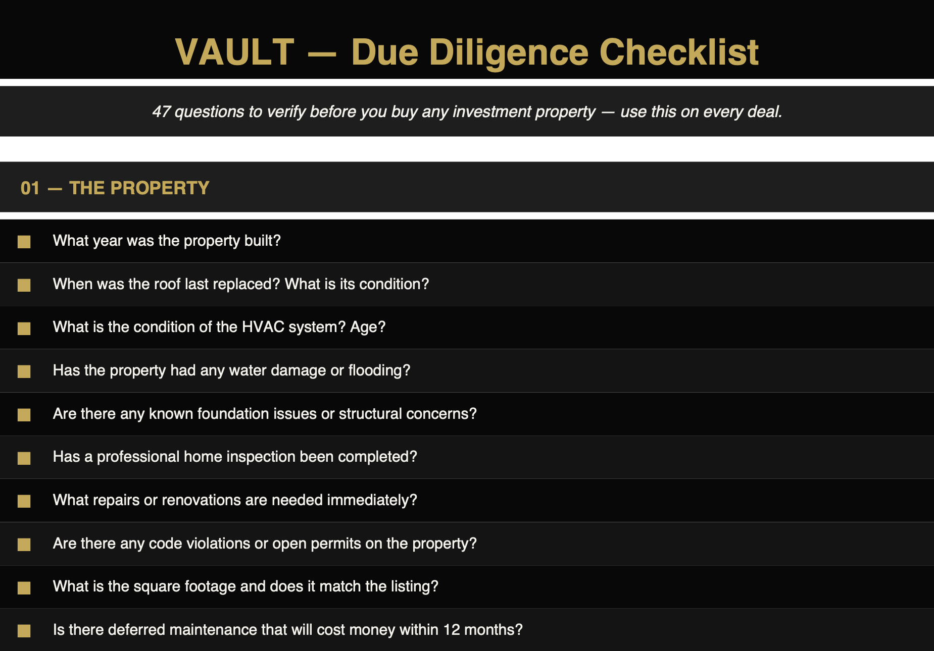 VAULT Due Diligence Checklist — first page showing The Property category with inspection questions to verify before buying.