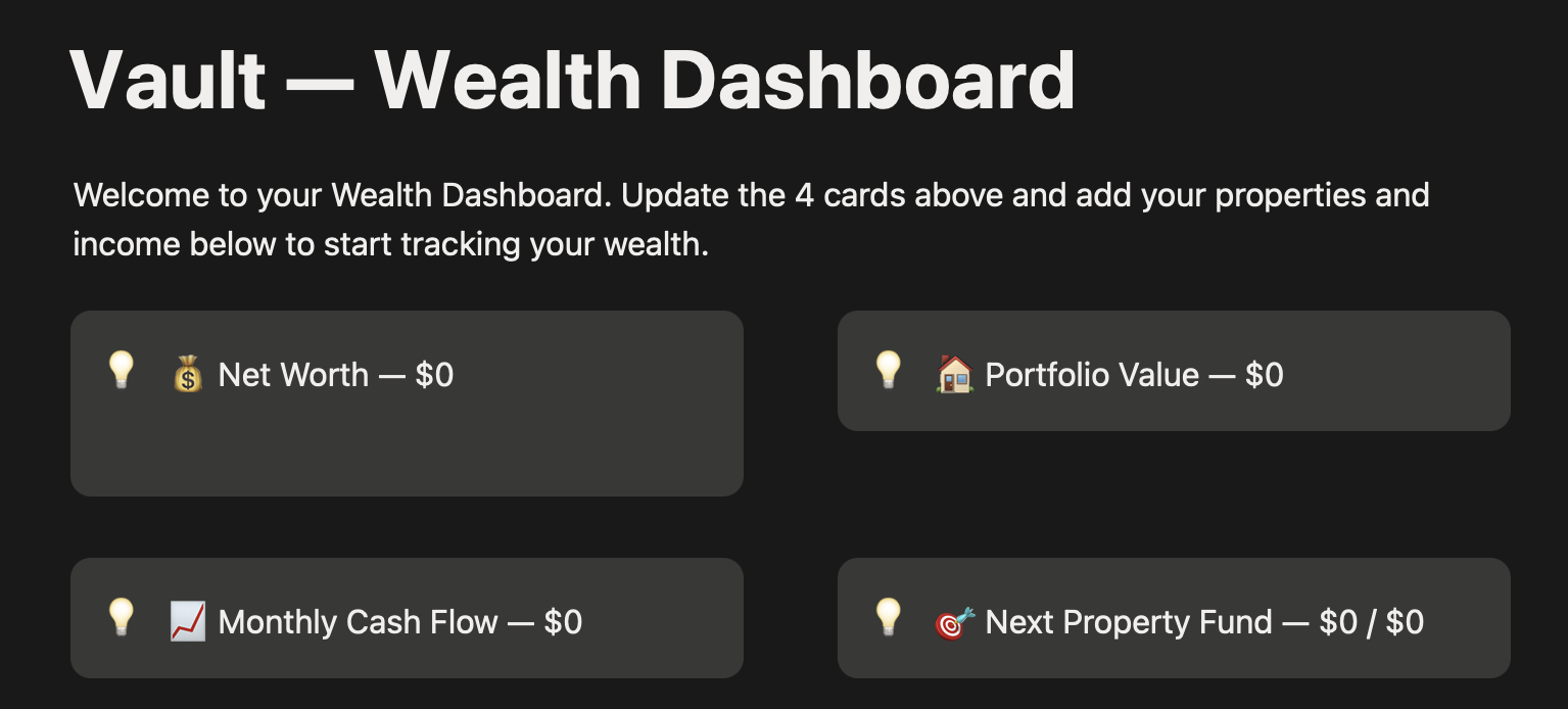 VAULT Wealth Dashboard — live cards tracking net worth, portfolio value, monthly cash flow and the next property fund.