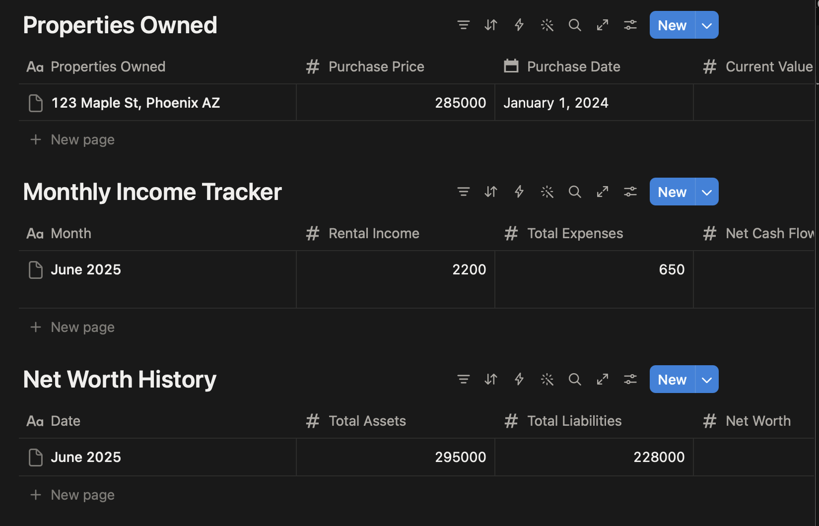 VAULT Wealth Dashboard — databases logging properties owned, monthly income and expenses, and net worth history.